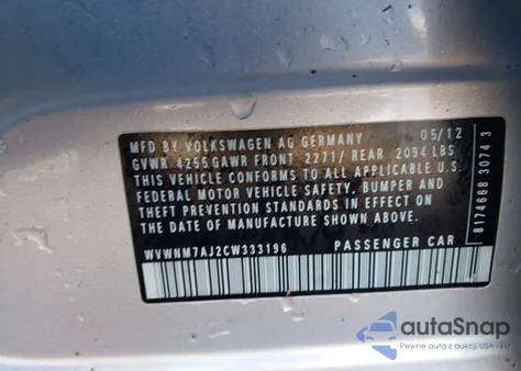 2012 Volkswagen Golf Tdi 4-Door from USA, damaged, VIN WVWNM7AJ2CW333196